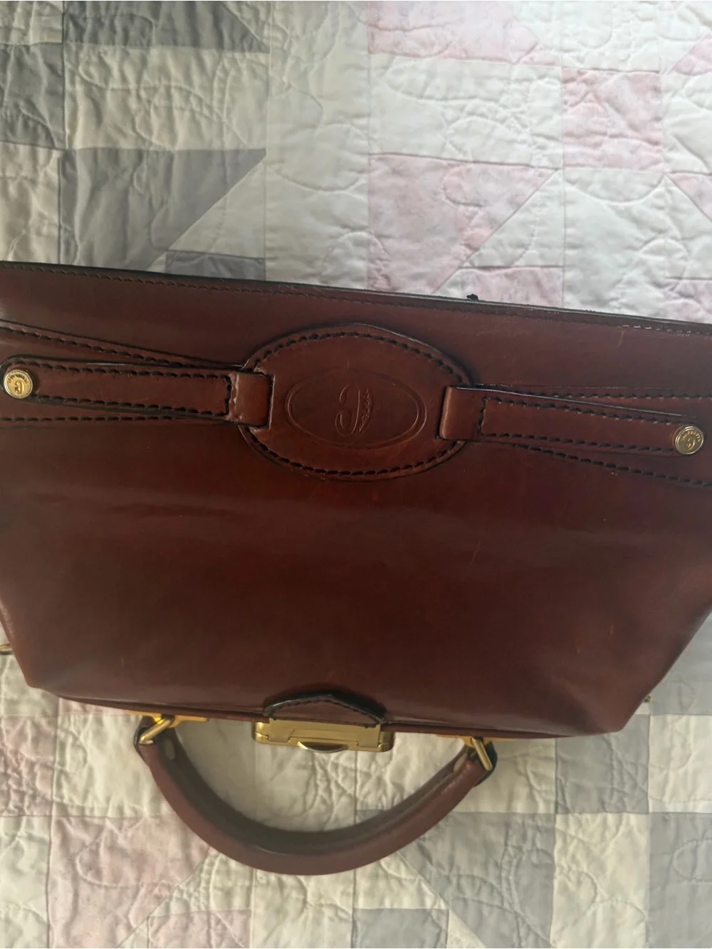 Brown Leather Structured Top-Handle Bag